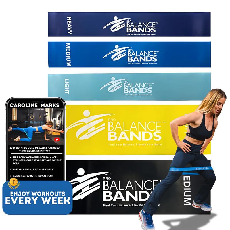 Pro Balance Bands - Eco-Friendly 5 Natural Latex Bands for Full-Body Workouts, Resistance Tension Options, Personalized Nutrition Plan, Workout Library Access, Olympic Gold Medalist Endorsed