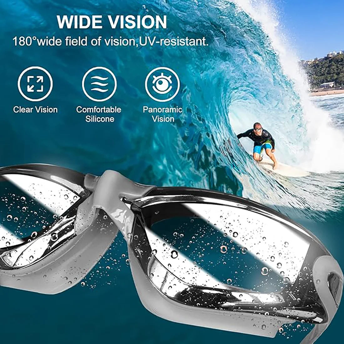 Swim Goggles Waterproof Fitted Track with Storage Pouch, Ear Plugs, Swim Cap and Case, Goggles in Swimming for Teen Youth Adult Women Men Kids,Grey.