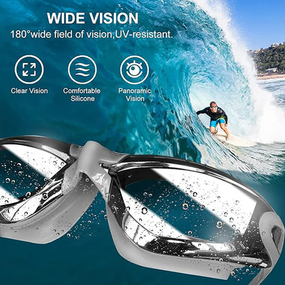 Swim Goggles Waterproof Fitted Track with Storage Pouch, Ear Plugs, Swim Cap and Case, Goggles in Swimming for Teen Youth Adult Women Men Kids,Grey.