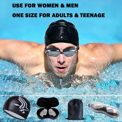 Swim Goggles Waterproof Fitted Track with Storage Pouch, Ear Plugs, Swim Cap and Case, Goggles in Swimming for Teen Youth Adult Women Men Kids,Grey.