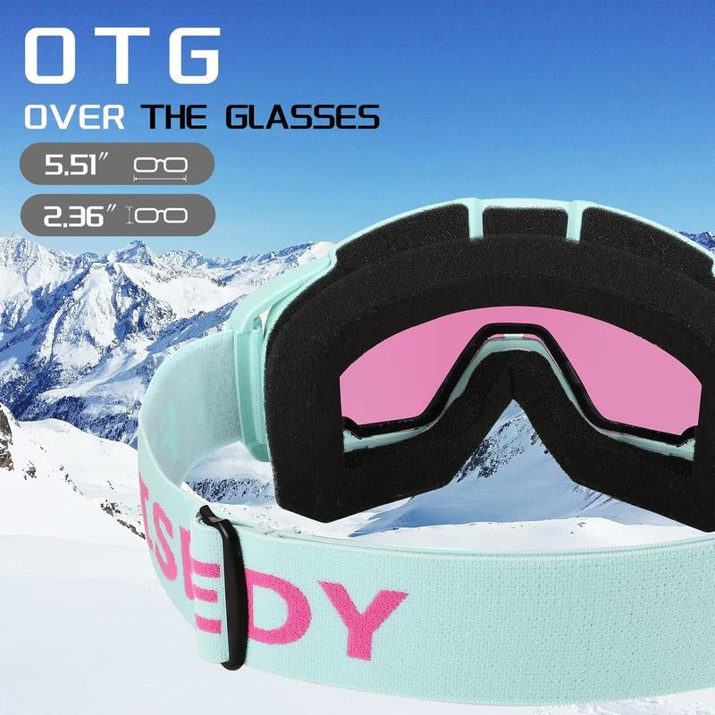 FEISEDY Ski Goggles, OTG Snow Sport Goggles for Adult Youth, Anti-Fog UV400 Protection Bendable Dual-Lenses B2961