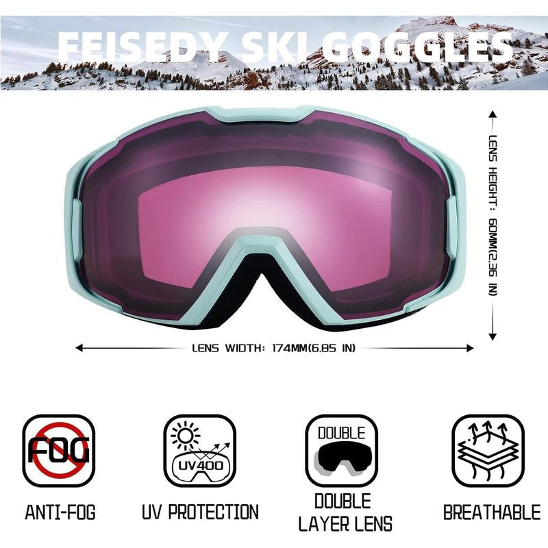 FEISEDY Ski Goggles, OTG Snow Sport Goggles for Adult Youth, Anti-Fog UV400 Protection Bendable Dual-Lenses B2961