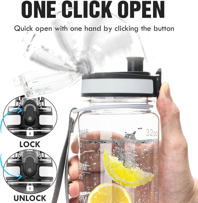 Water Bottles, 32Oz Motivational Sports Water Bottle with Time Marker - Times to Drink - Tritan, BPA Free, Wide Mouth Leakproof, Clear (1 Pack) Bottled Washable Drinkware