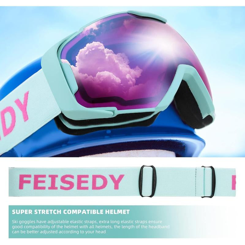 FEISEDY Ski Goggles, OTG Snow Sport Goggles for Adult Youth, Anti-Fog UV400 Protection Bendable Dual-Lenses B2961