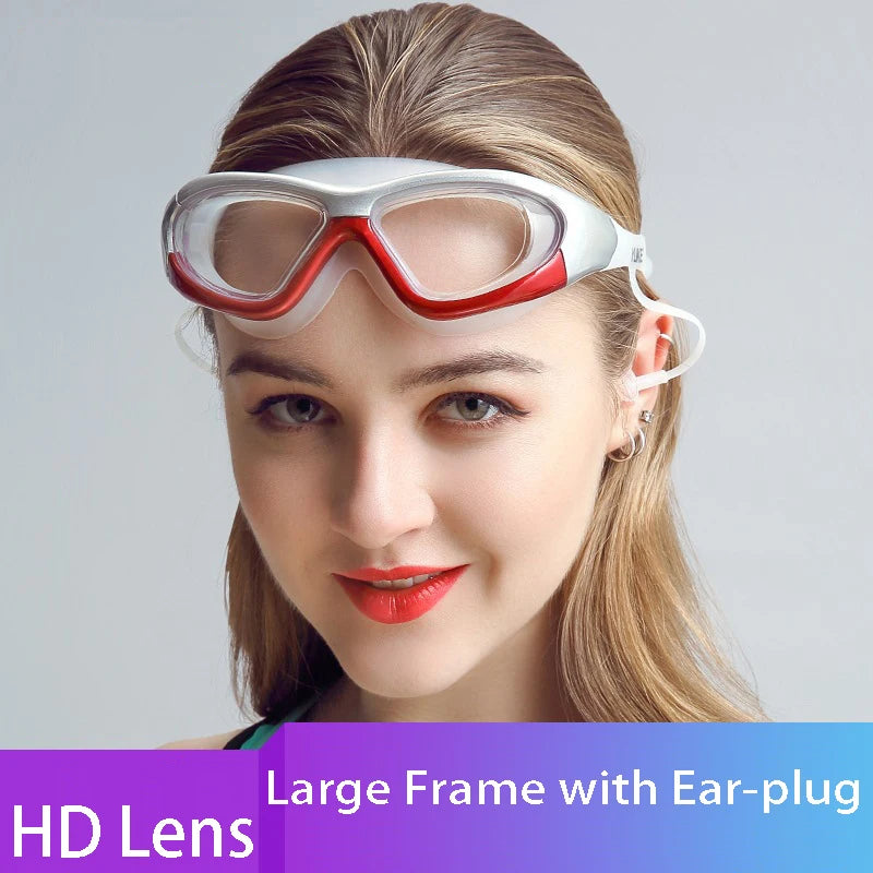 Large Frame Swimming Goggles with Earplug HD Transparent Glasses anti Fog Silicone Waterproof Men Women Swim Eyewear Adult