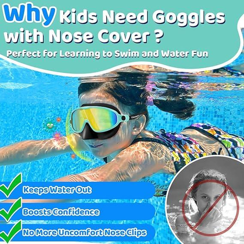 Vvinca Kids Pool Accessories-2 Pcs-Swim-Goggles with Nose Cover, Wide View anti Fog UV anti Shattered Lens for Kids 3-6/6-15