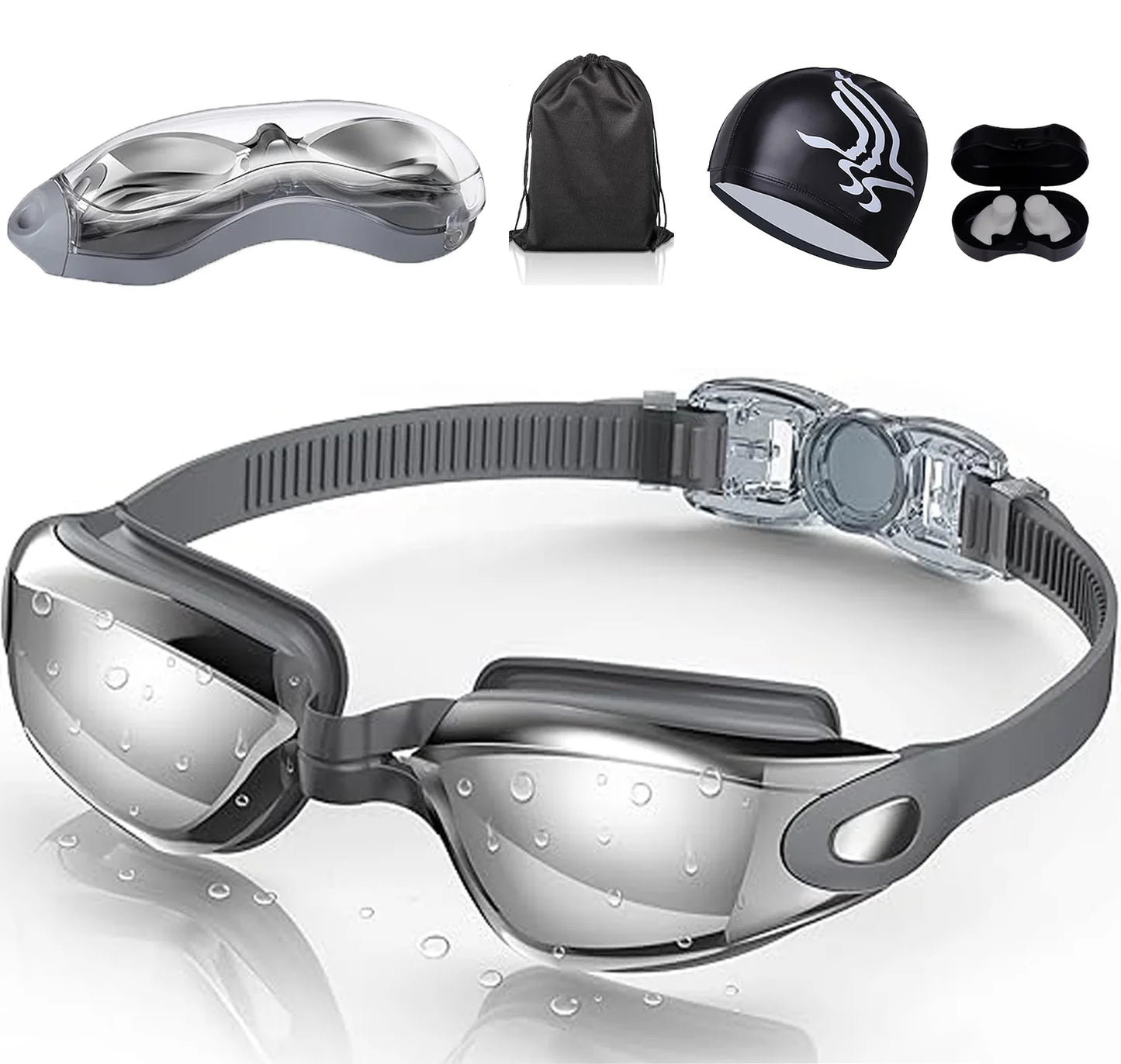 Swim Goggles Waterproof Fitted Track with Storage Pouch, Ear Plugs, Swim Cap and Case, Goggles in Swimming for Teen Youth Adult Women Men Kids,Grey.