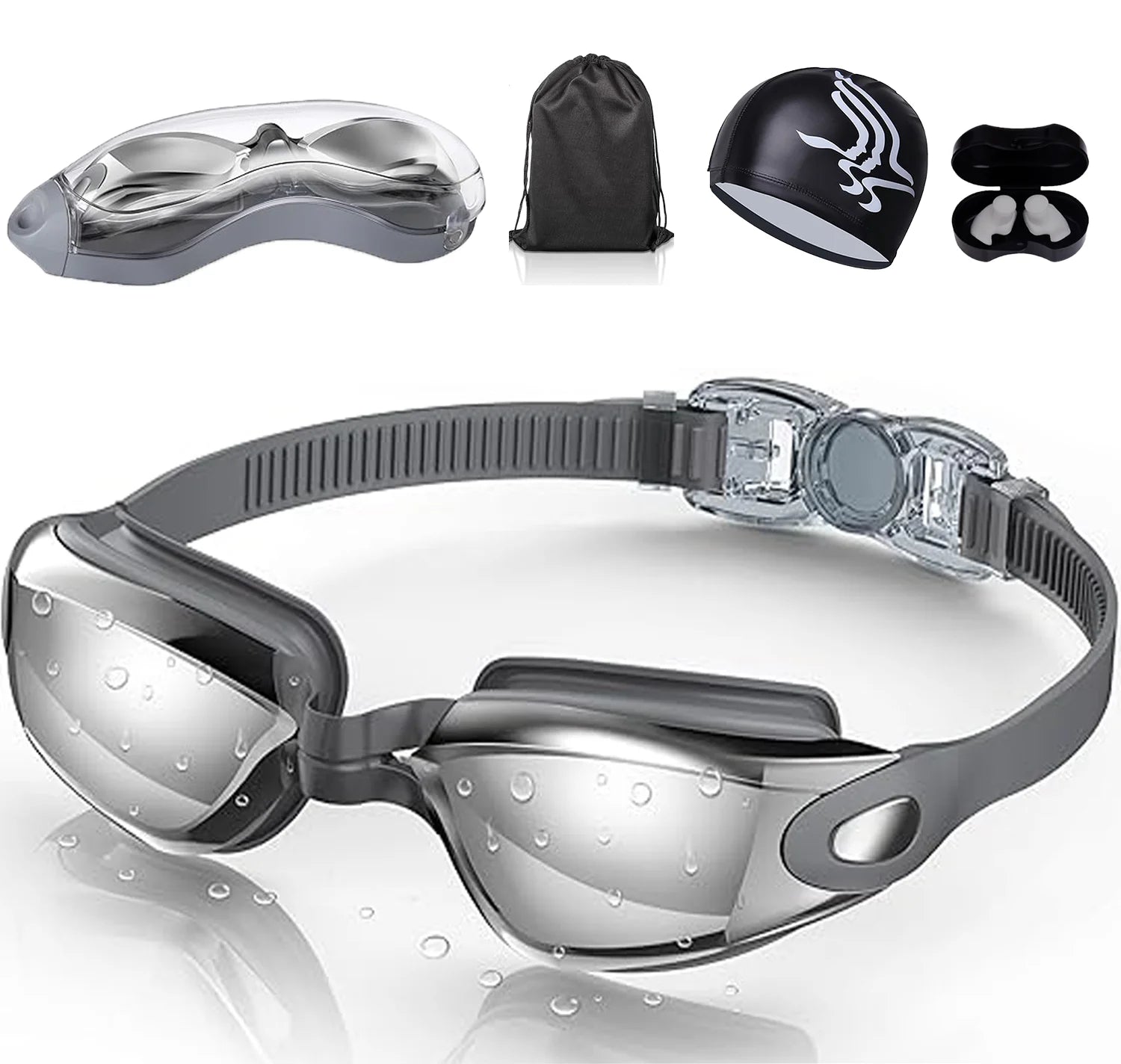 Swim Goggles Waterproof Fitted Track with Storage Pouch, Ear Plugs, Swim Cap and Case, Goggles in Swimming for Teen Youth Adult Women Men Kids,Grey.