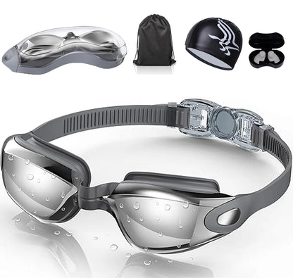 Swim Goggles Waterproof Fitted Track with Storage Pouch, Ear Plugs, Swim Cap and Case, Goggles in Swimming for Teen Youth Adult Women Men Kids,Grey.