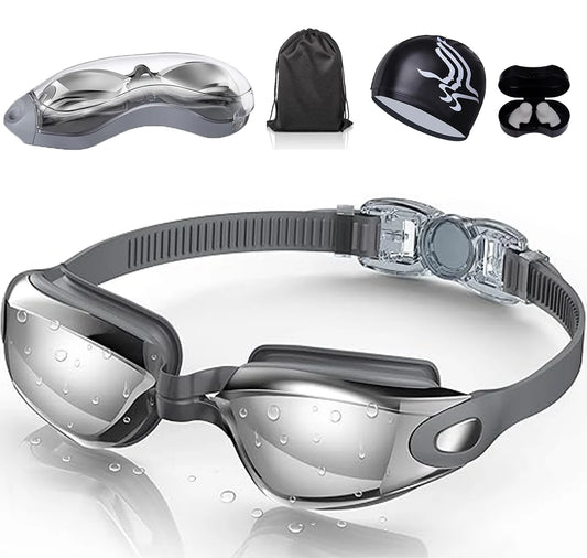 Swim Goggles Waterproof Fitted Track with Storage Pouch, Ear Plugs, Swim Cap and Case, Goggles in Swimming for Teen Youth Adult Women Men Kids,Grey.