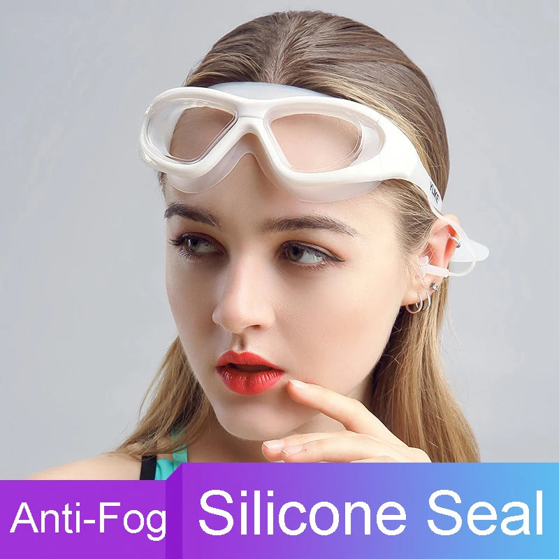 Large Frame Swimming Goggles with Earplug HD Transparent Glasses anti Fog Silicone Waterproof Men Women Swim Eyewear Adult